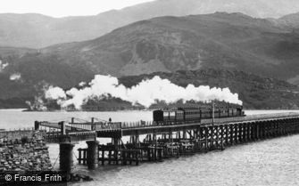 Barmouth, Train crossing the Railway Bridge 1896
