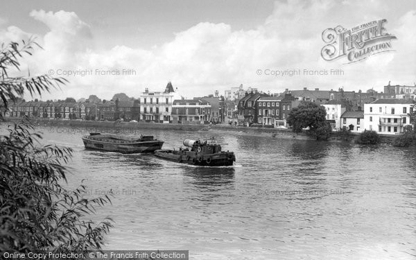 Photo of Barnes, Barge And Tug On The River Thames c.1960