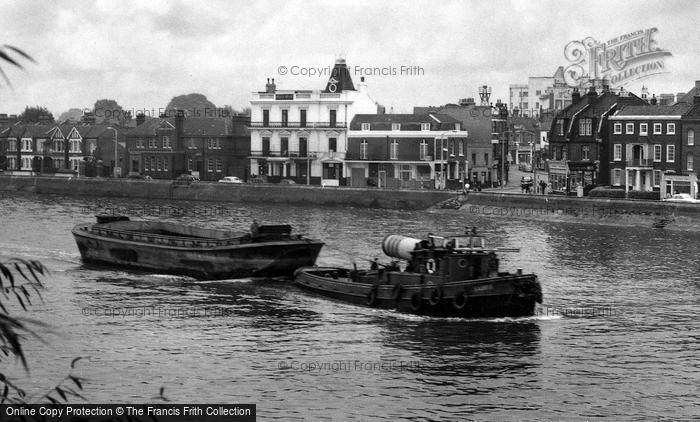 Photo of Barnes, Barge And Tug On The River Thames c.1960