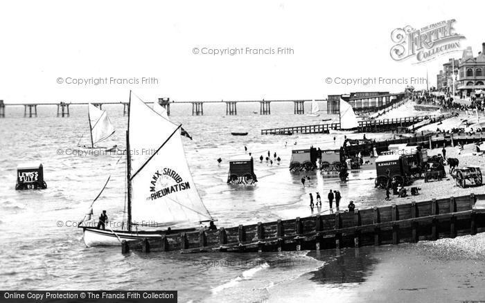 Photo of Blackpool, Sailing Boat And Bathing Machines, Central Beach 1890