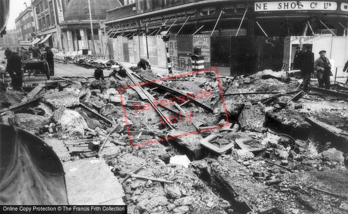 Photo of Clapham Junction, War Damaged Tram Tracks And Shoe Shop c.1940