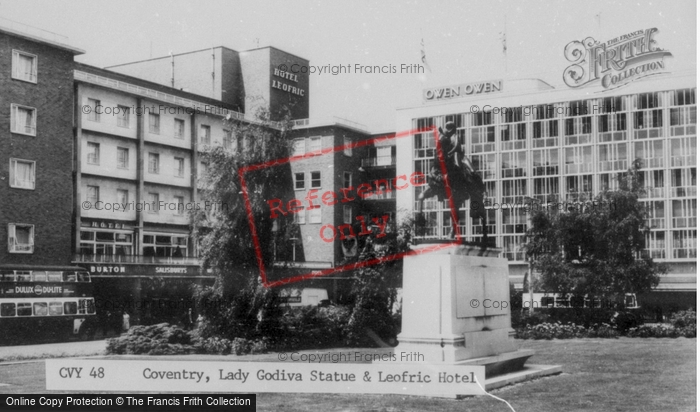 Photo of Coventry, Lady Godiva Statue And Leofric Hotel c.1960