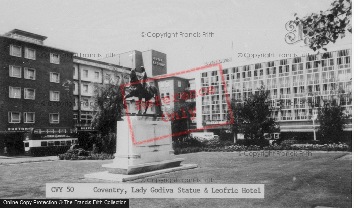 Photo of Coventry, Lady Godiva Statue And Leofric Hotel c.1960