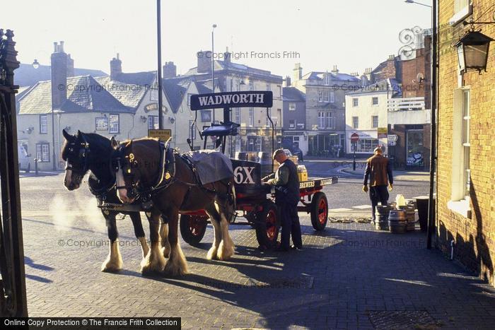 Photo of Devizes, Wadworth's Brewery Dray And The White Bear c.1995