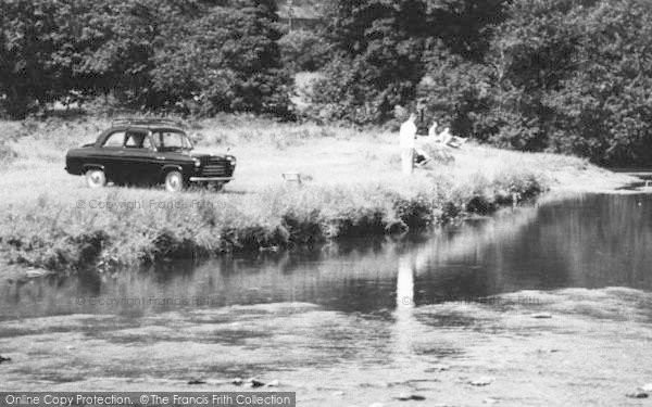 Photo of Dinas Mawddwy, A Car And People On Riverbank  c.1960