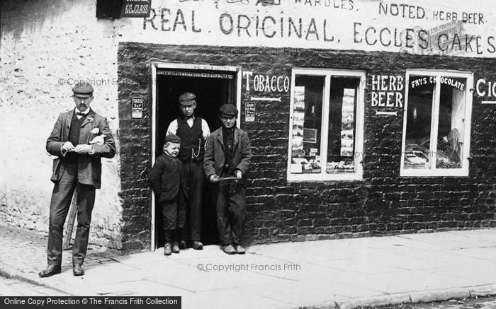 Photo of Eccles, Customers At Ye Olde Thatche Store c.1900