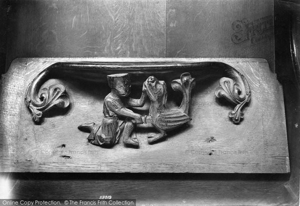Photo of Exeter, Cathedral, Miserere Seat, Knight Stabbing Dragon 1907