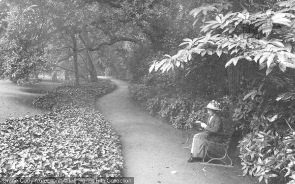 Photo of Exeter, Rougemont Castle Gardens, Woman Reading Magazine 1912