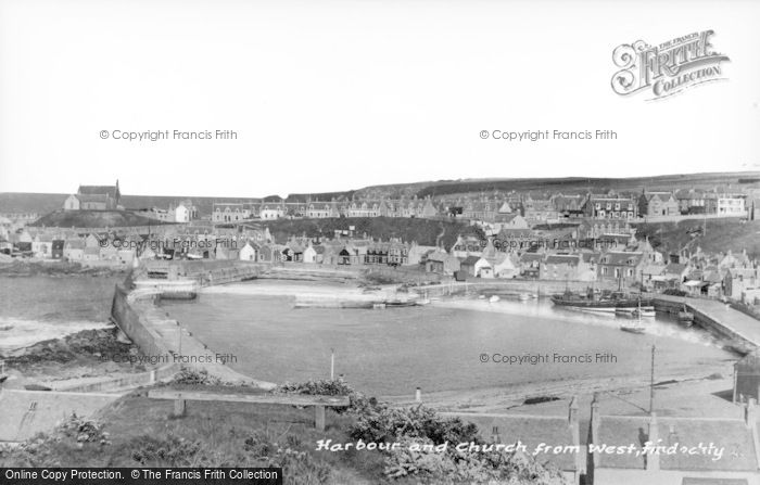 Photo of Findochty, Harbour And Church From West c.1935
