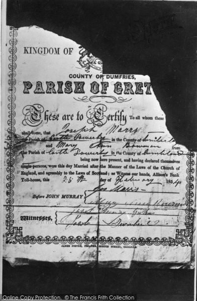 Gretna Green, An Old Toll House Marriage Certificate c.1940