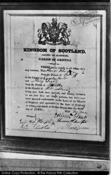 Photo of Gretna Green, Marriage Certificate Hanging In Original Gretna Toll House c.1940