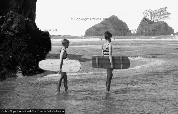 Photo of Holywell Bay, Boys Going Surfing 1931
