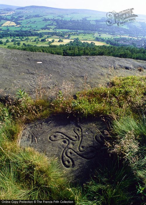Photo of Ilkley, Moor, Swastika Stone, Prehistoric Fylfot Carving On Gritstone Above Heber's Ghyll c.1995