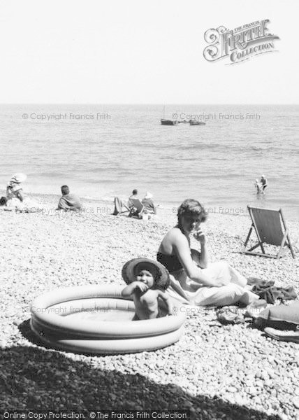 Photo of Ladram Bay, Mother And Child On The Beach c.1960
