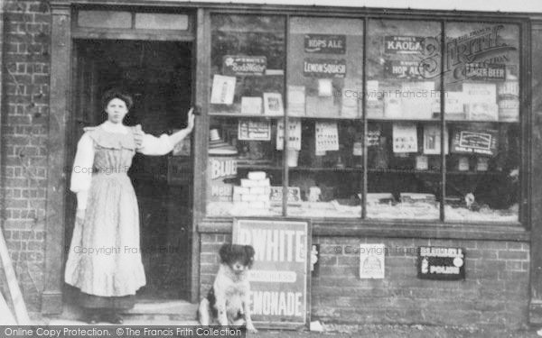 Photo of Langley, High Street Shop, A Woman And Dog c.1890