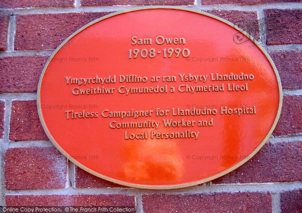 Photo of Llandudno, Plaque On Hospital Wall, Commemorating Sam Owen 2004