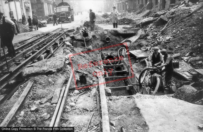 Photo of London, Damaged Tram Track, Vauxhall Bridge 1940