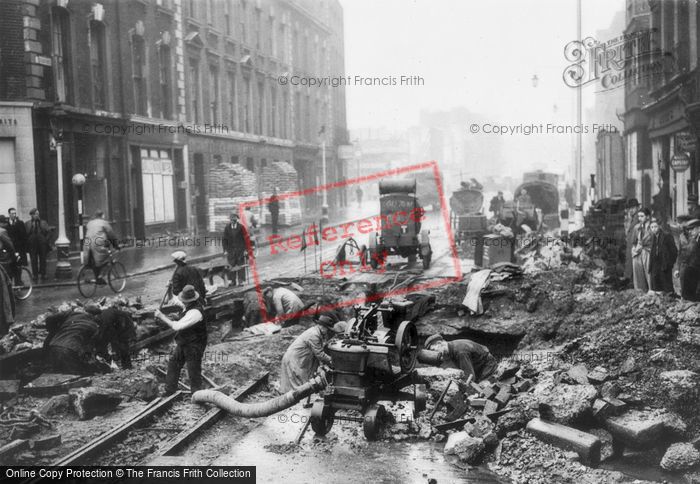 Photo of London, Damaged Tram Tracks, The Old Police Station, Borough High Street 1940