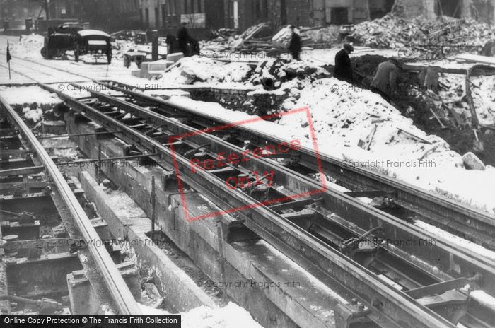 Photo of London, Snow On War Damaged Tram Tracks c.1940