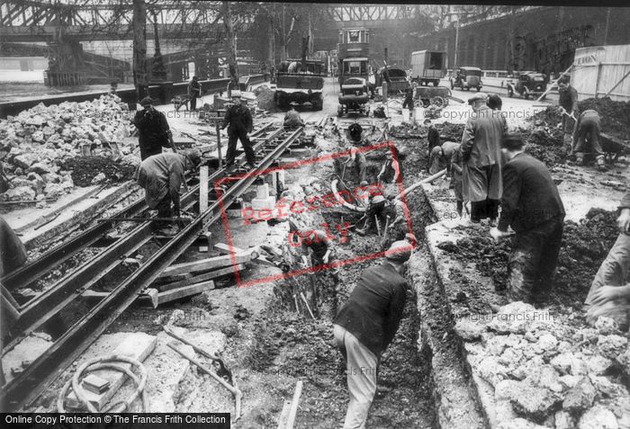 Photo of London, War Damaged Tram Tracks, Near Hungerford Bridge c.1940