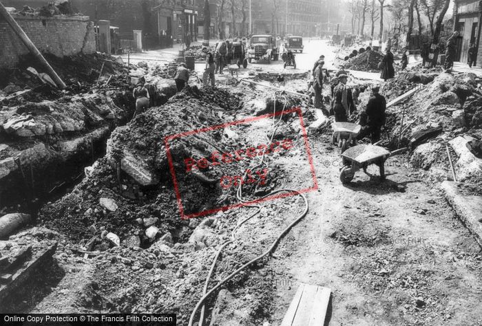Photo of London, Workmen Mending Air Raid Damaged Tram Tracks c.1940