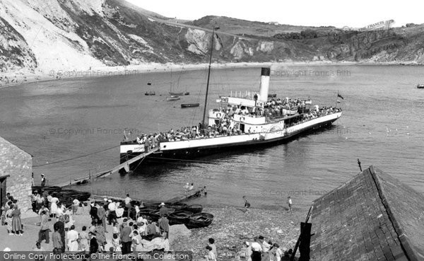 Photo of Lulworth Cove, The Beach And A Steam Boat c.1955