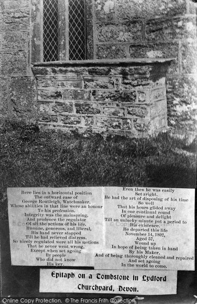 Photo of Lydford, Churchyard, Watchmaker's Epitaph 1906