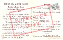 King's Lea Guest House Tarriff c.1955, Lymington