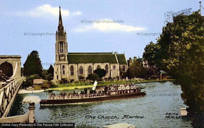 Photo of Marlow, All Saints Church And Pleasure Boat c.1955