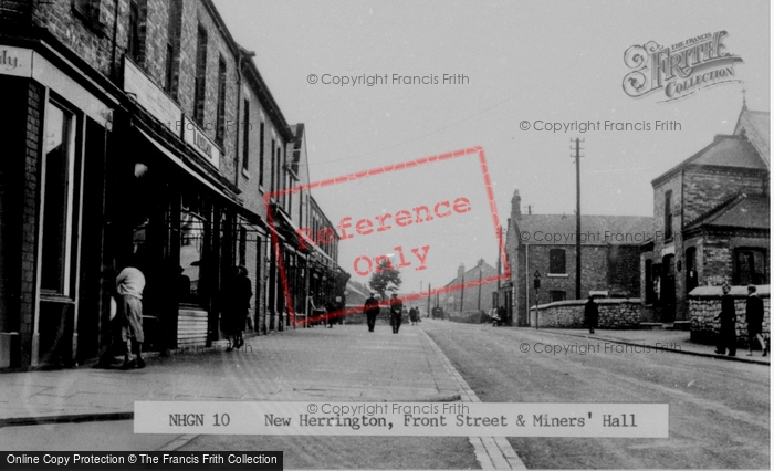 Photo of New Herrington, Front Street And Miners' Hall c.1955