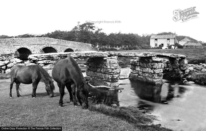 Postbridge, Ponies at the Clapper Bridge c1960