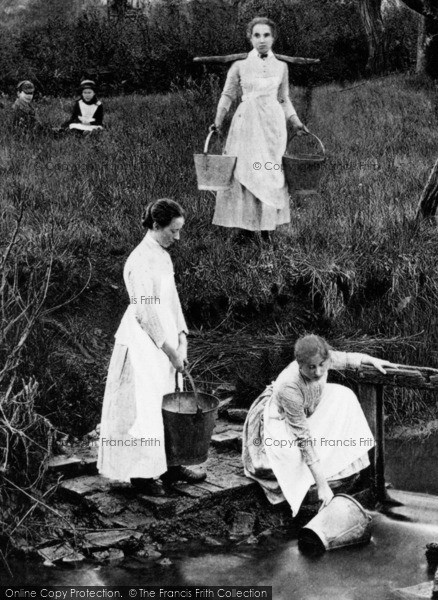 Photo of Shottery, Girls Collecting Water, Shottery Brook c.1890