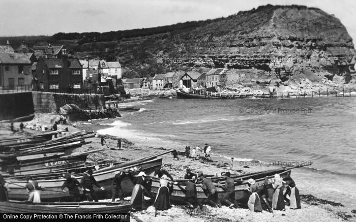 Photo of Staithes, Townsfolk Hauling Boat Ashore c.1917