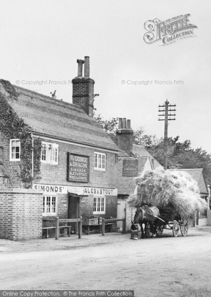 Photo of Three Mile Cross, The George & Dragon And Hay Laden Horse Cart  c.1900