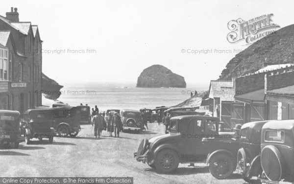 Photo of Trebarwith, Cars And Visitors In The Square c.1933
