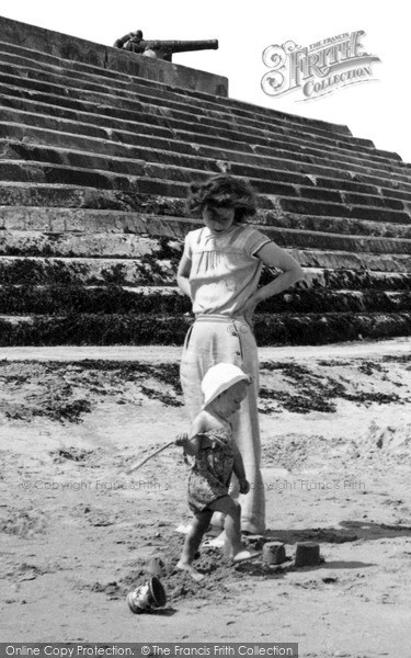 Photo of Trusthorpe, Mother And Child On The Beach c.1955