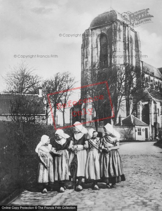 Photo of Veere, Young Women In Front Of Church Tower c.1900