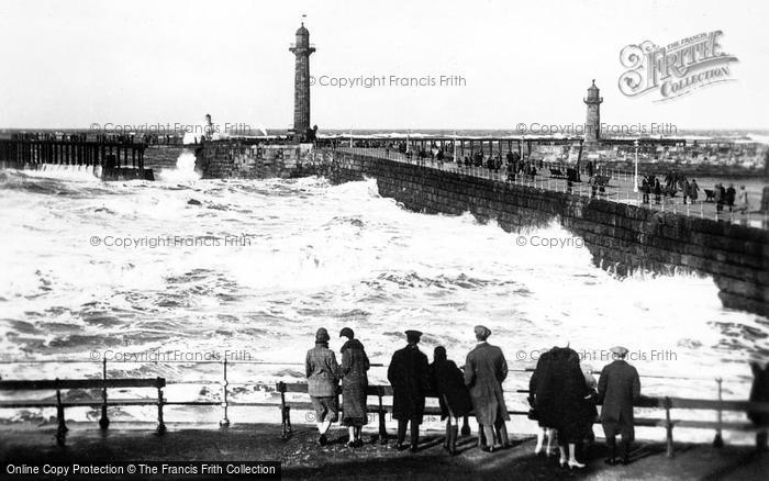 Photo of Whitby, The Piers And Rough Sea c.1930