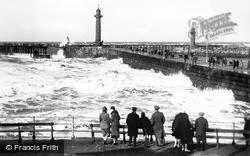 The Piers And Rough Sea c.1930, Whitby