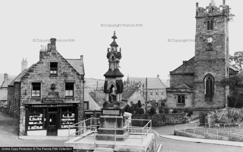 Wooler, the Cross, St Mary's Church and War Memorial c1955