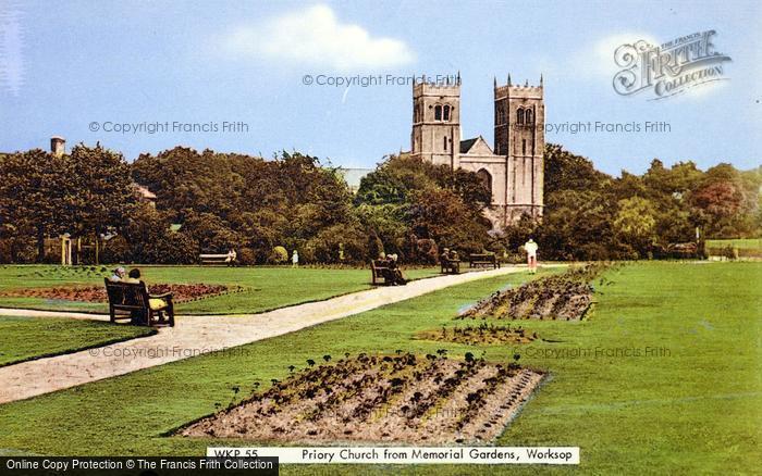 Photo of Worksop, Memorial Gardens And The Priory Church c.1955