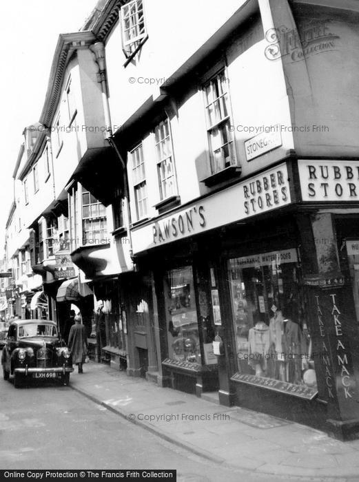 Photo of York, Stonegate, Pawson's Rubber Stores c.1955
