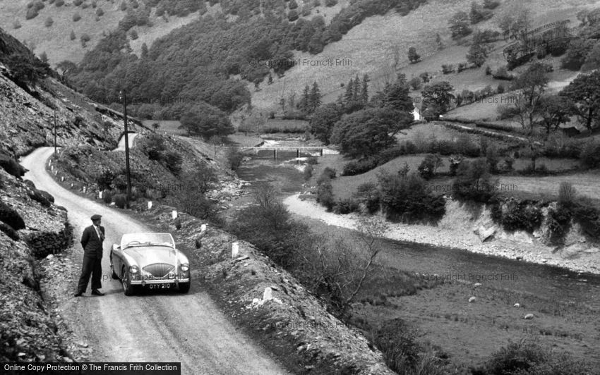 Ystradffin, Upper Towy Valley, Austin-Healey sports car and driver c1960