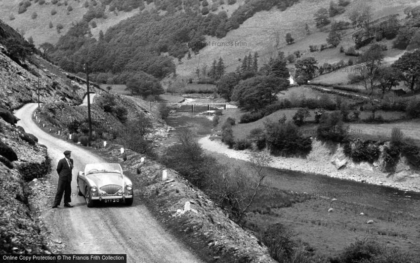 Ystradffin, Upper Towy Valley, Austin-Healey sports car and driver c1960