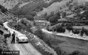 Ystradffin, Upper Towy Valley, Austin-Healey sports car and driver c1960